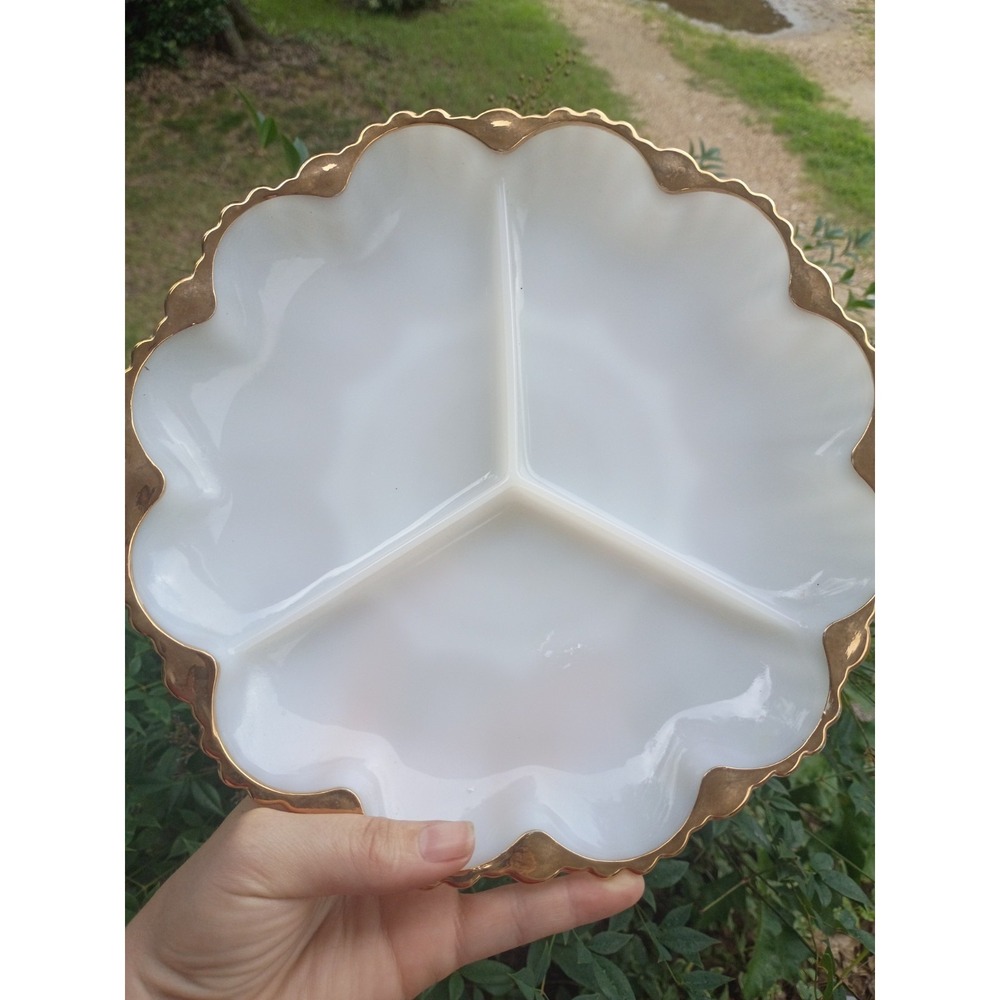 Vintage Anchor Hocking Fire King Gold Trim Milk Glass Divided Relish Tray